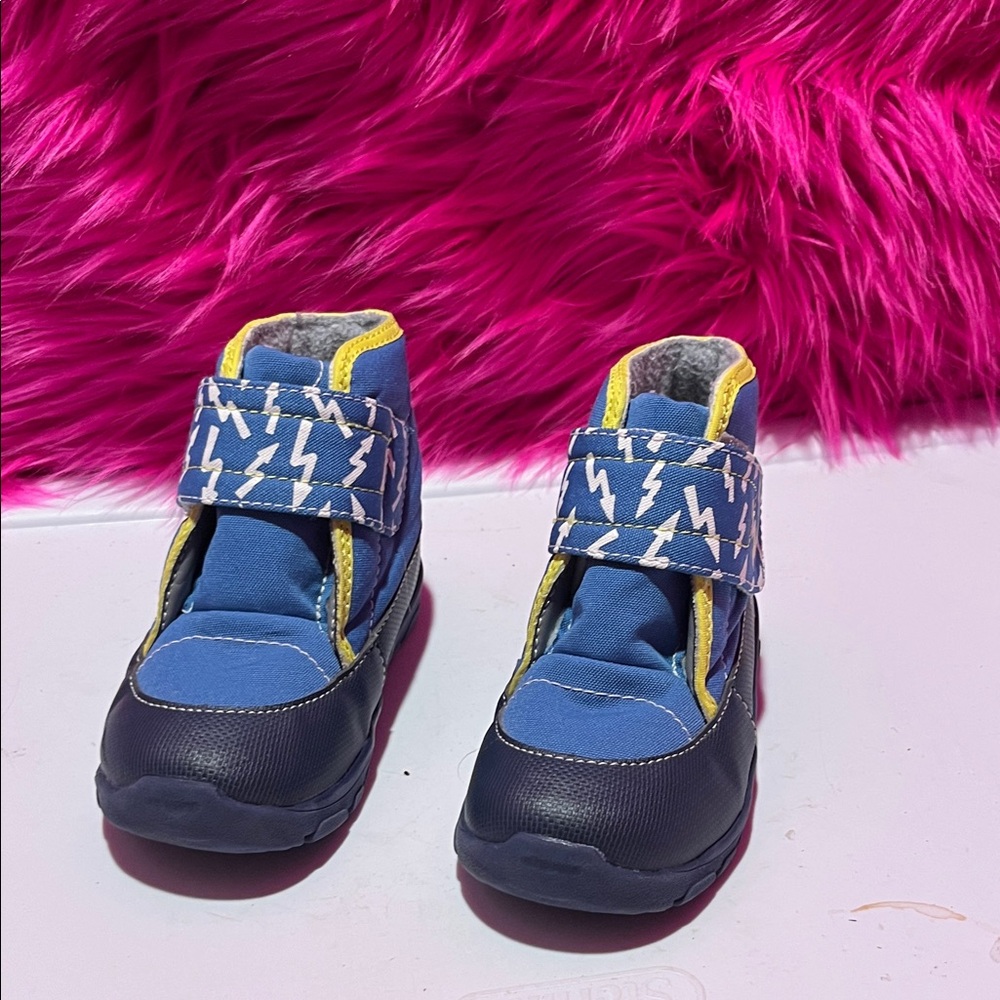 Kids SEE KAI RUN Blue Lightning Strap Boots